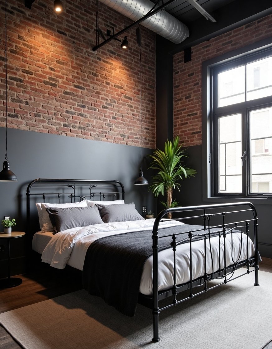 Charcoal Bedroom Ideas - Industrial Charcoal Bedroom: Exposed Brick & Metal Accents - Industrial bedroom ideas get a modern update with...