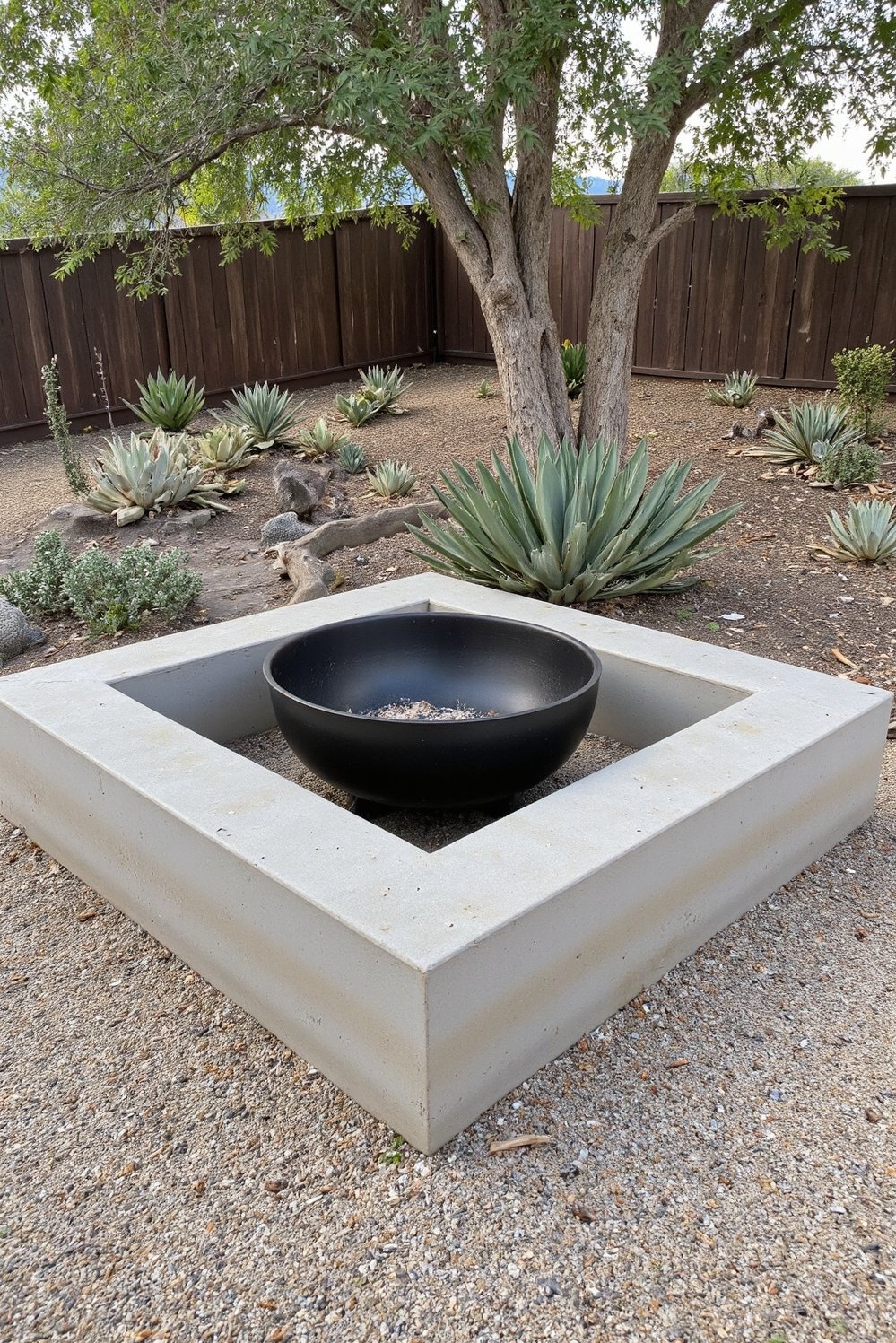 Fire pit patio ideas - Sleek Black Fire Pit on Concrete Platform with Succulents - Sleek modern fire pit design. A black metal...