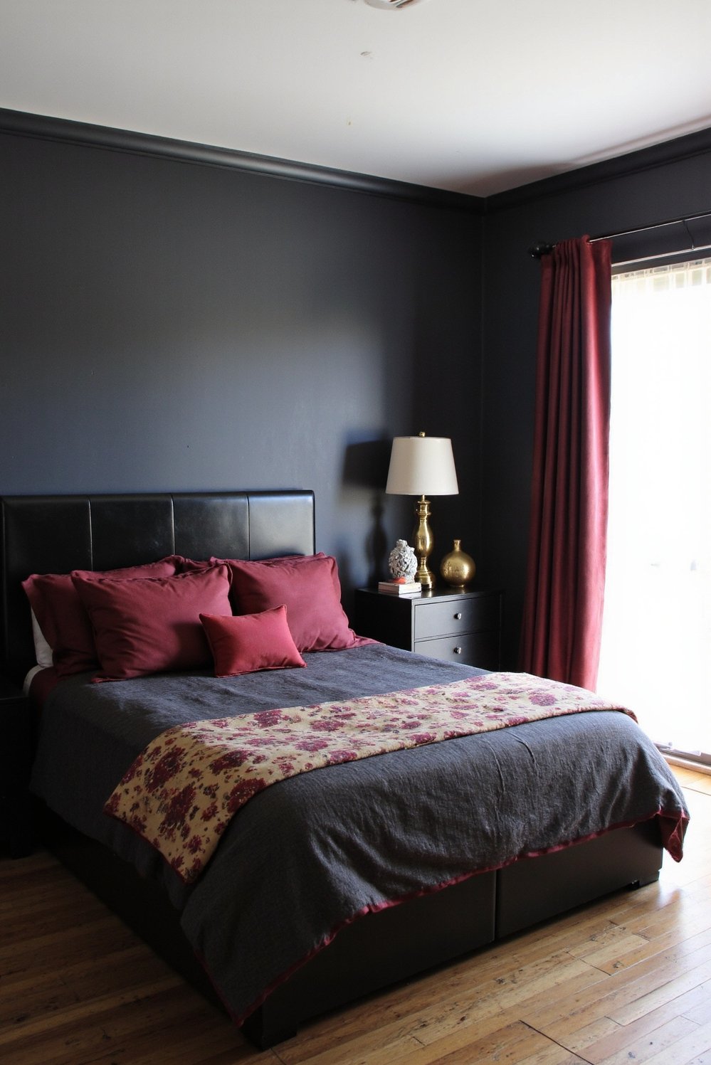 bedroom color combination ideas - Moody Charcoal Grey & Burgundy Bedroom - This moody bedroom is pure sophistication. Deep charcoal...