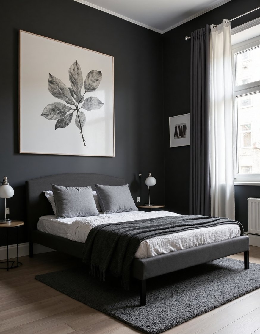 Charcoal Bedroom Ideas - Moody Charcoal Bedroom: Dark Grey Walls & Modern Style - Create a sophisticated, moody atmosphere in your charcoal...