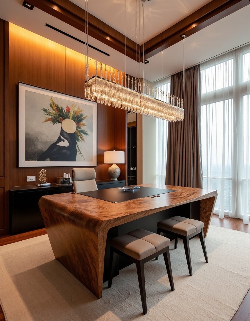 Luxury CEO Office Room - Luxury CEO Office: Exotic Wood & Statement Lighting - This CEO's office is pure luxury. The custom...
