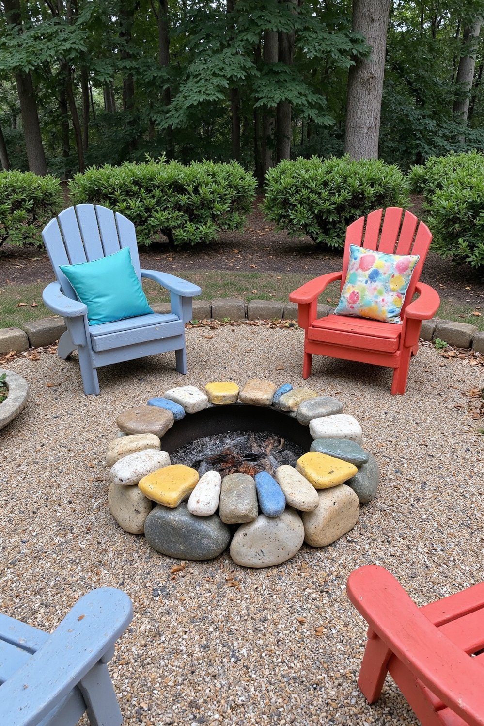 Fire pit patio ideas - Whimsical Stone Fire Pit with Colorful Seating - This whimsical fire pit is perfect for creating...