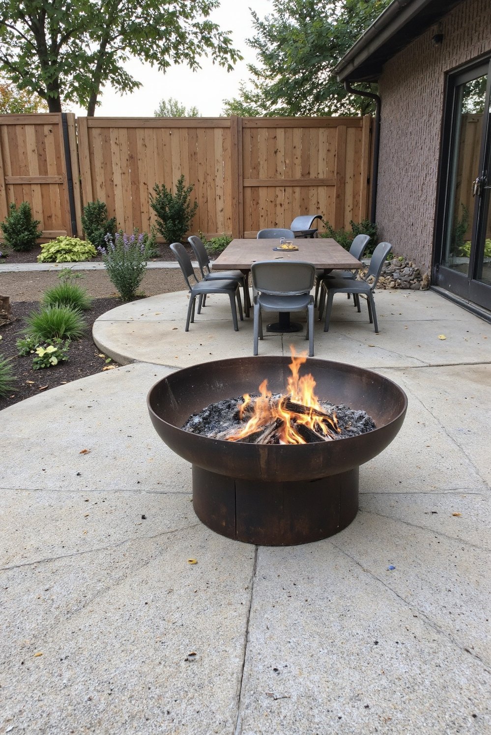 Fire pit patio ideas - Modern Steel Fire Pit & Concrete Patio Design - This modern fire pit is sleek and stylish....