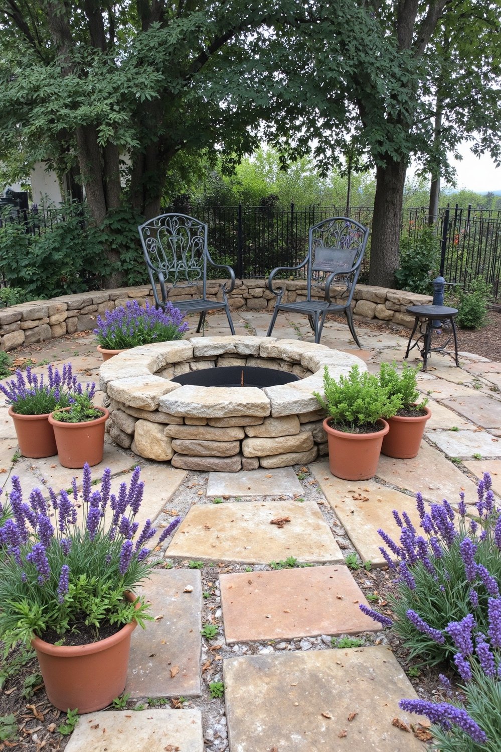 Fire pit patio ideas - Mediterranean Fire Pit with Herb-Filled Terracotta Pots - Create a Mediterranean-style fire pit. This charming design...