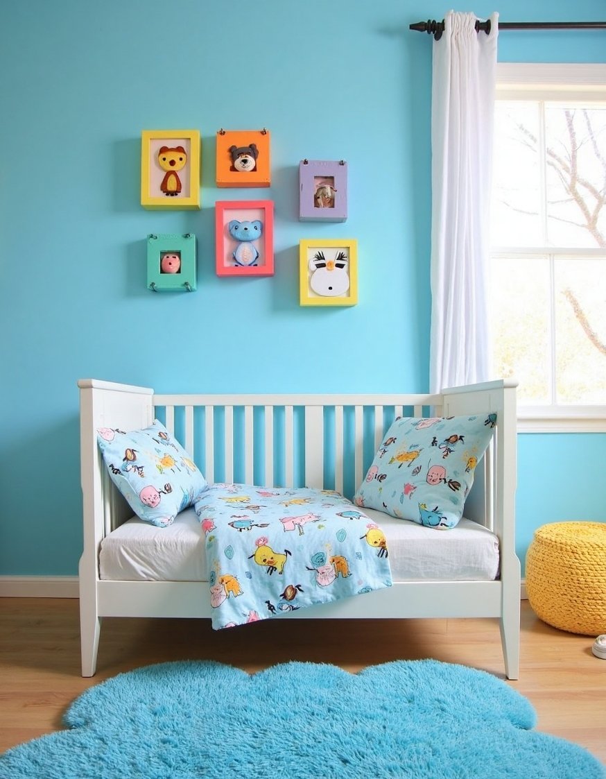 Blue and white girls bedroom - Sunny Blue & White Toddler Girl's Room - Bright blue toddler girl's room. Sunny blue walls...