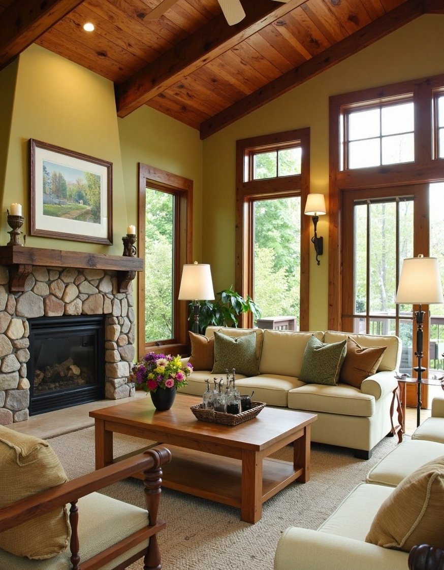 living room color combination ideas - Cozy Rustic Living Room: Brown, Cream & Green - Create a cozy, rustic living room with warm...