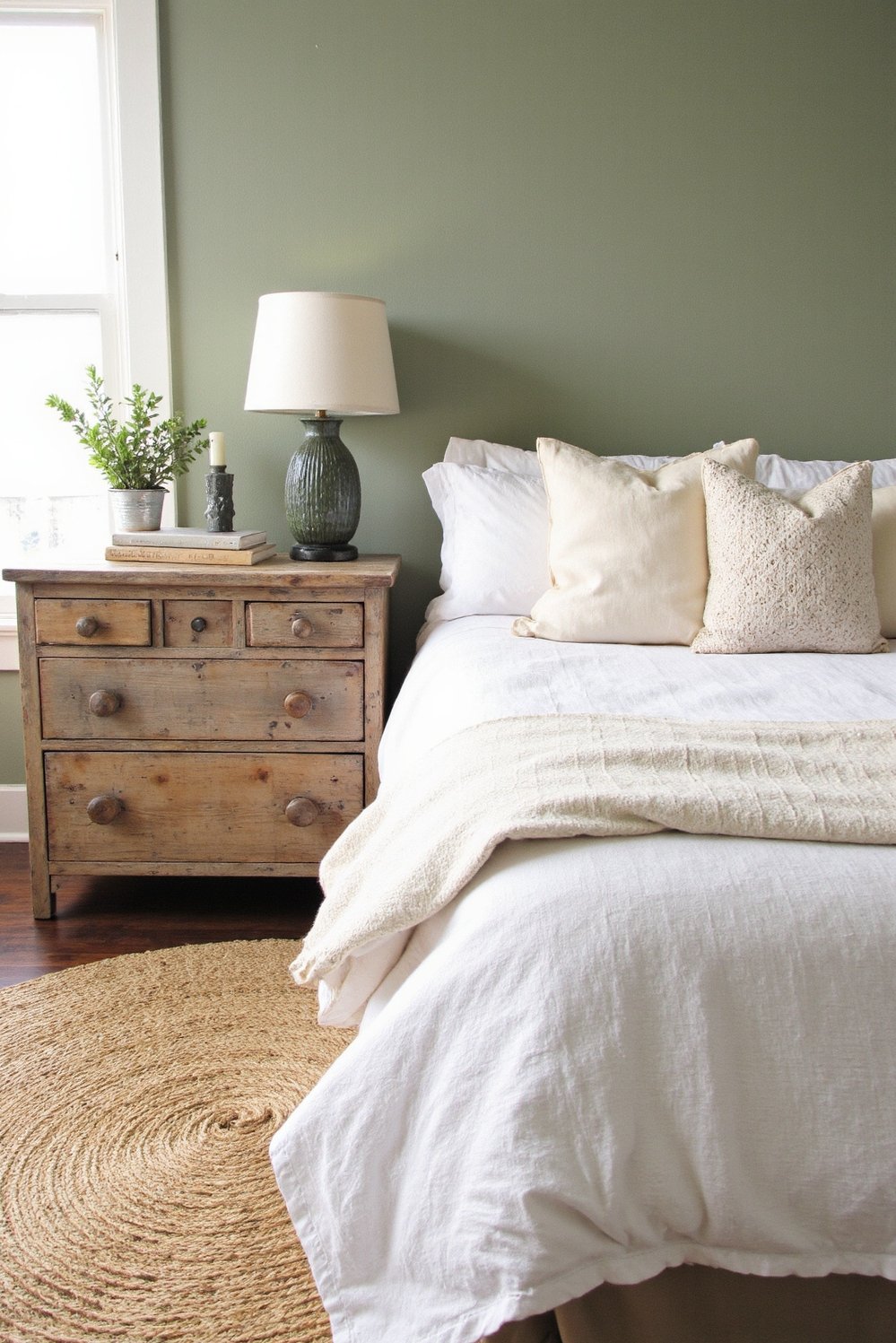 Sage Green Home Decor Ideas - Rustic-Chic Sage Green Bedroom: Linen & Woven Textures - Sage green bedroom ideas: Soft sage green walls...