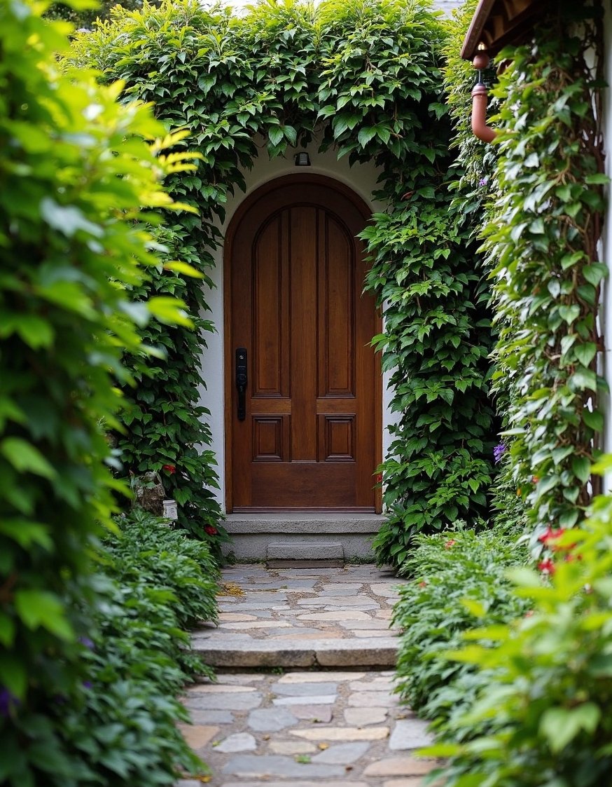 luxury houses entrance - Secluded Dream House Entryway: Stone Path & Wooden Door - Secluded dream house entrance: Lush greenery frames a...