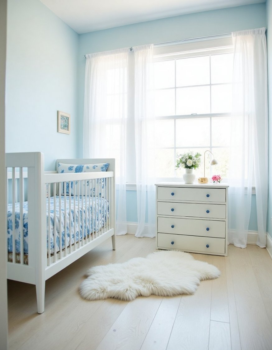 Blue and white girls bedroom - Serene Baby Blue & White Crib Room - This baby girl's room is so peaceful. I...