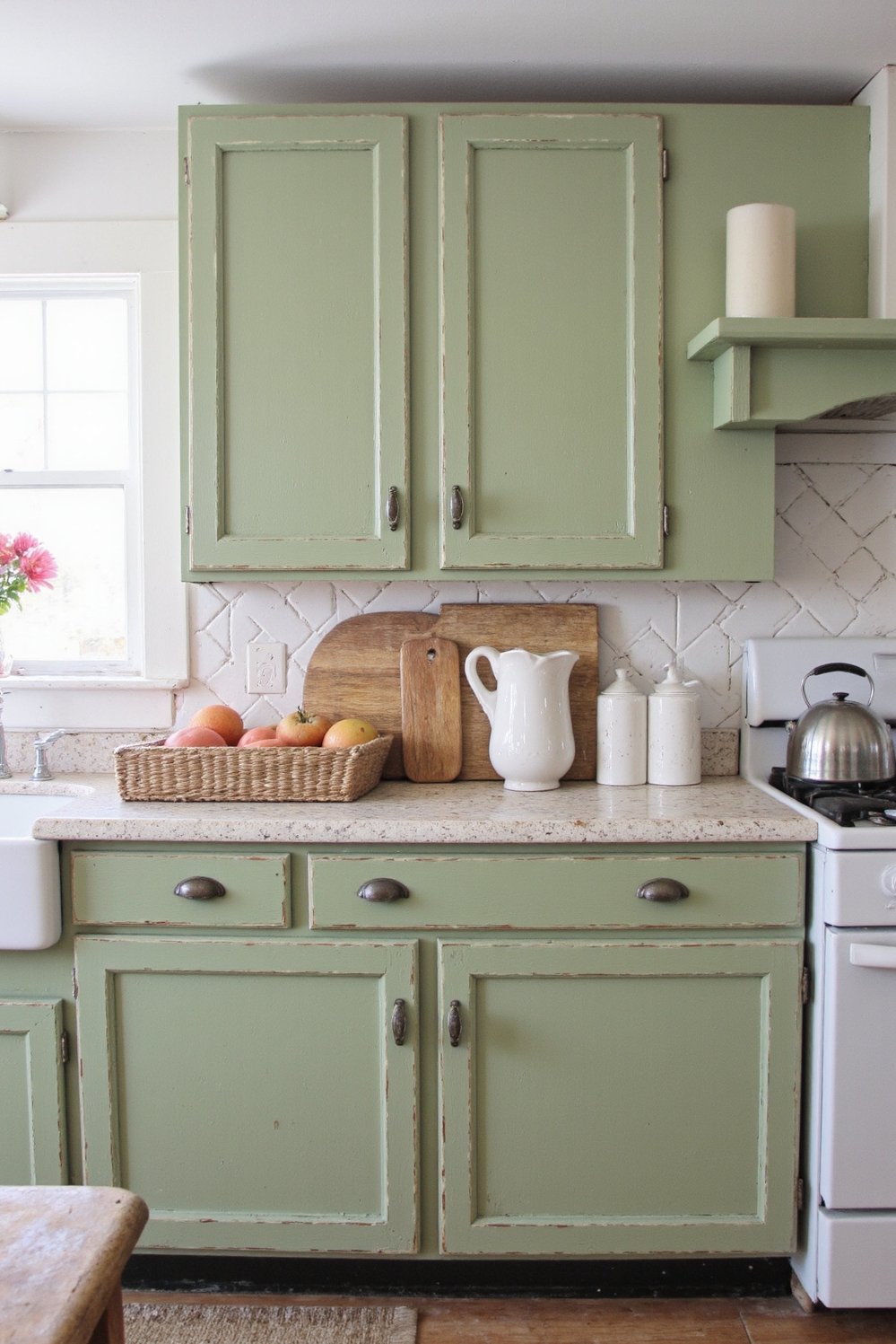 Sage Green Home Decor Ideas - Charming Shabby Chic Kitchen with Sage Green Cabinets - Shabby chic kitchens are my weakness, and this...