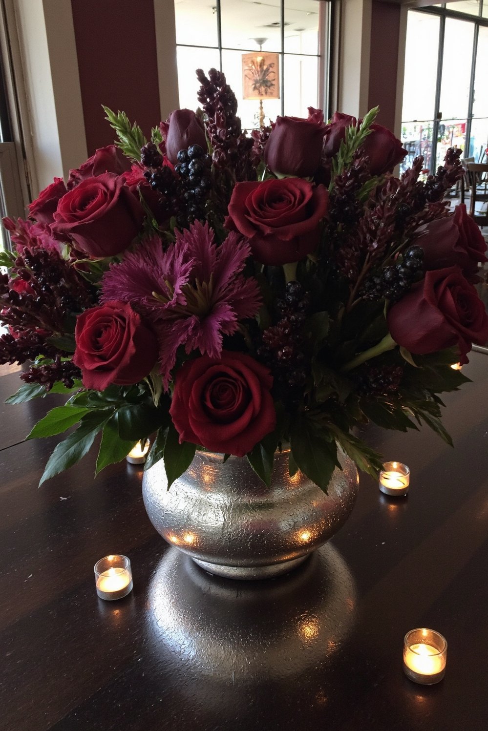 Moody Romantic Wedding Decor - Moody Romantic Wedding Centerpiece: Dark Roses & Berries - Moody romantic wedding centerpiece ideas: Deep burgundy roses...