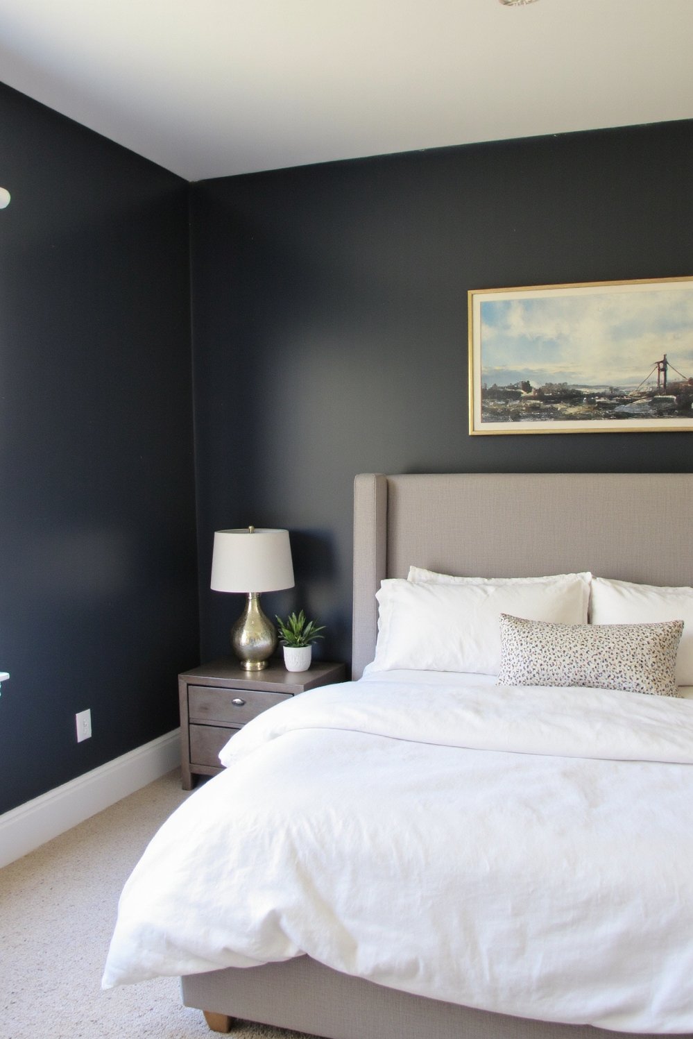 bedroom color combination ideas - Sophisticated Grey & White Bedroom Color Palette - Sleek and modern bedroom design: charcoal grey walls,...
