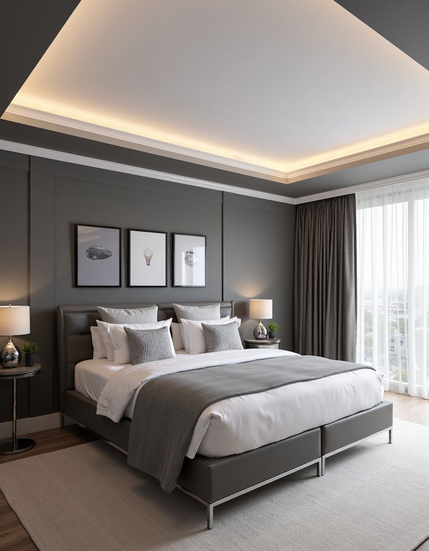 warm bedroom colors ideas - Sleek Modern Warm Bedroom: Grey & White Palette - Sleek and sophisticated bedroom? This modern bedroom is...