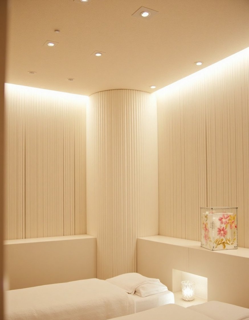 Innovative contemporary ceiling design - Textured Beige Ceiling: Calm Spa Design - Textured beige ceiling: calm and sophisticated. The subtle...
