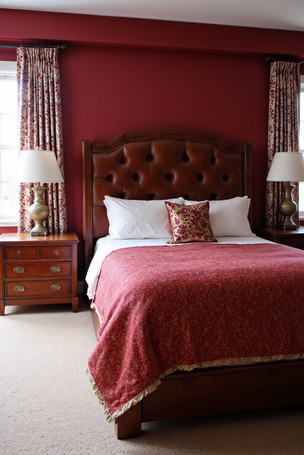 Cherry Bedroom Ideas - Luxurious Red Bedroom: Tufted Headboard & Cherry Wood - This luxurious red and cherry bedroom is a...