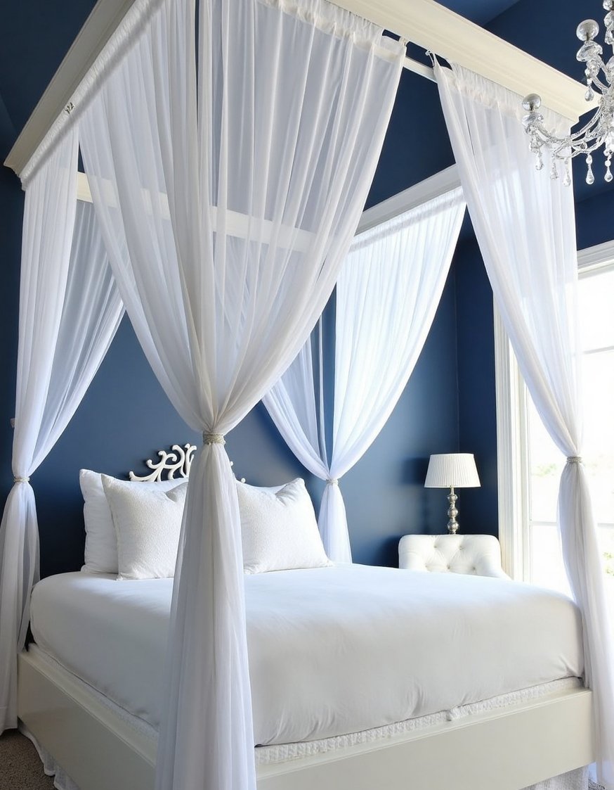 Blue and white girls bedroom - Sapphire Blue Girl's Room with Canopy Bed - Stunning sapphire blue girl's bedroom. A sheer white...