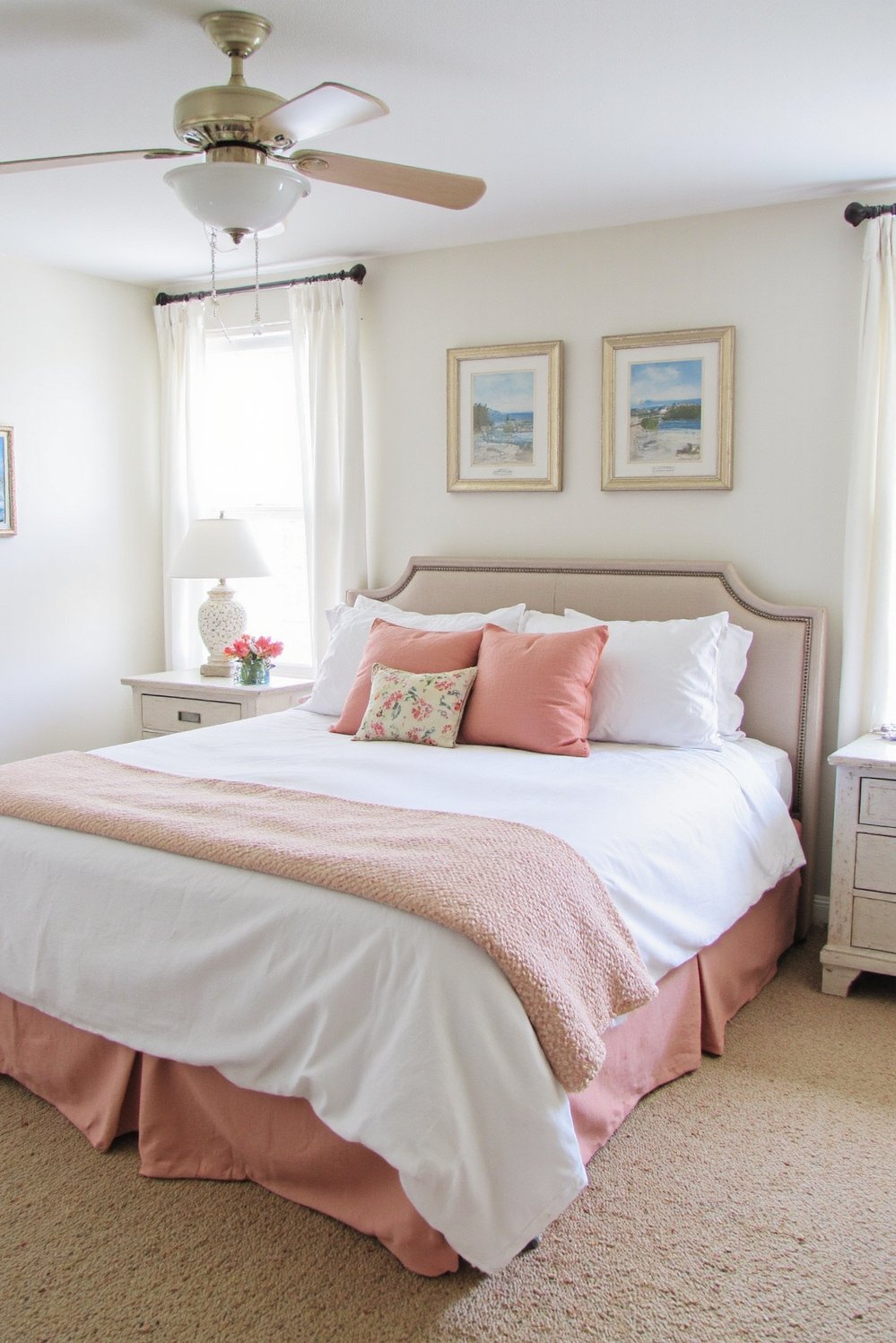 coastal cottage bedroom ideas - Elegant Coastal Bedroom: Neutral Tones & Coral Accents - This sophisticated coastal bedroom boasts a neutral color...