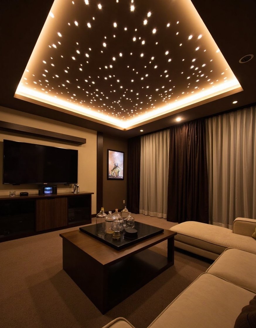 Innovative contemporary ceiling design - Dramatic Home Theater: Constellation Ceiling Design - Dramatic home theater ceiling: Recessed lighting forms a...