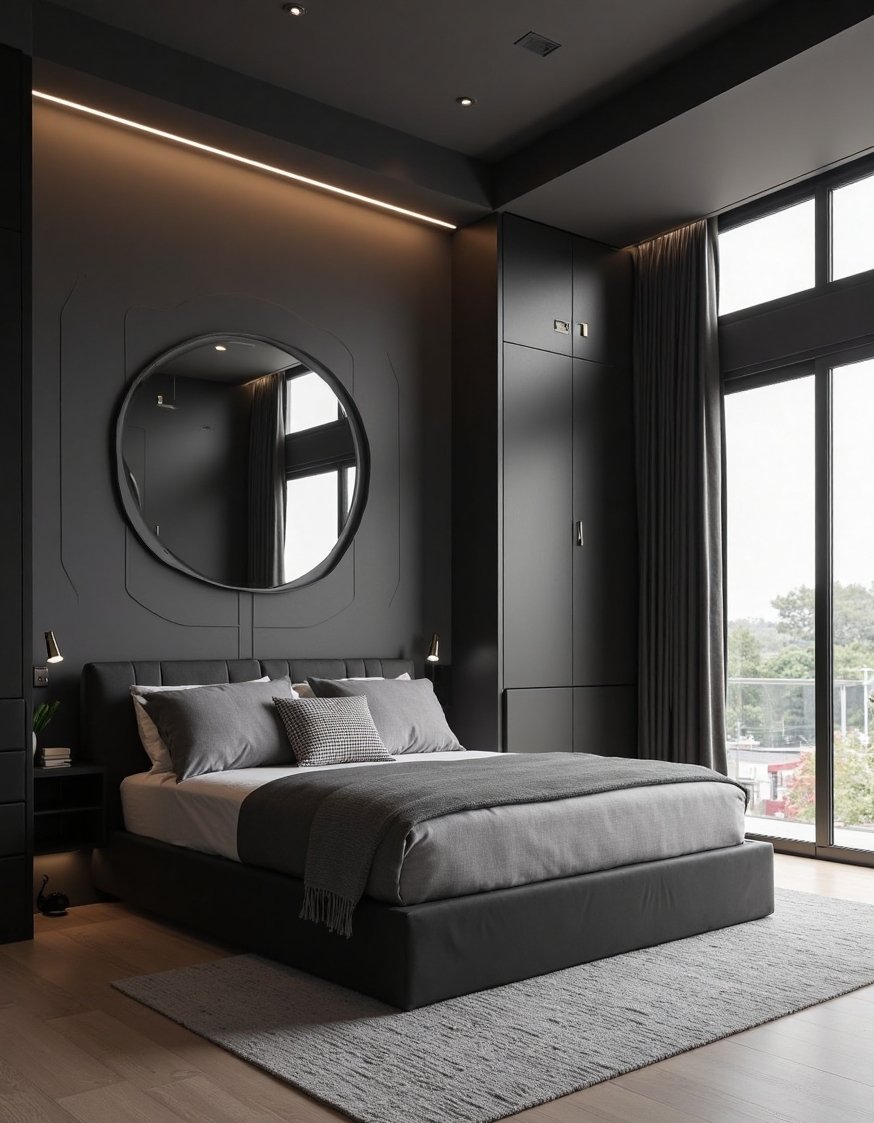 Charcoal Bedroom Ideas - Moody Charcoal Bedroom: Sleek & Spacious Design - Dark grey bedroom ideas: I love how this...