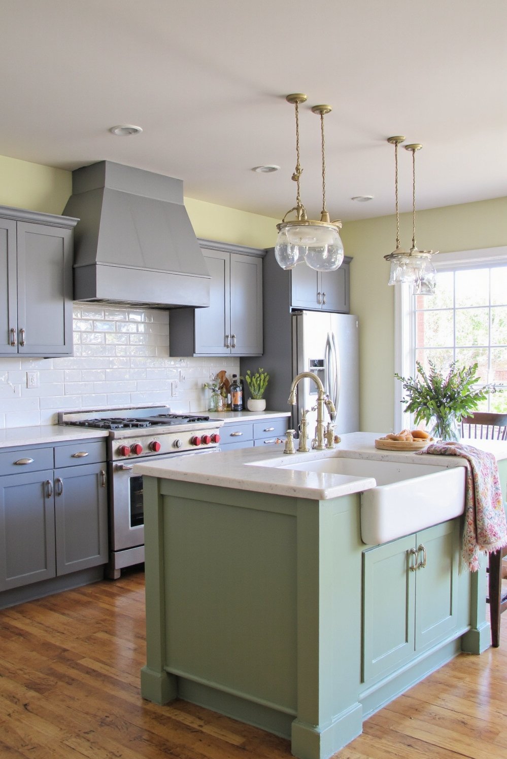 Sage Green Home Decor Ideas - Sage Green Kitchen Island & Grey Cabinets - Sage green kitchen design ideas. This grey and...