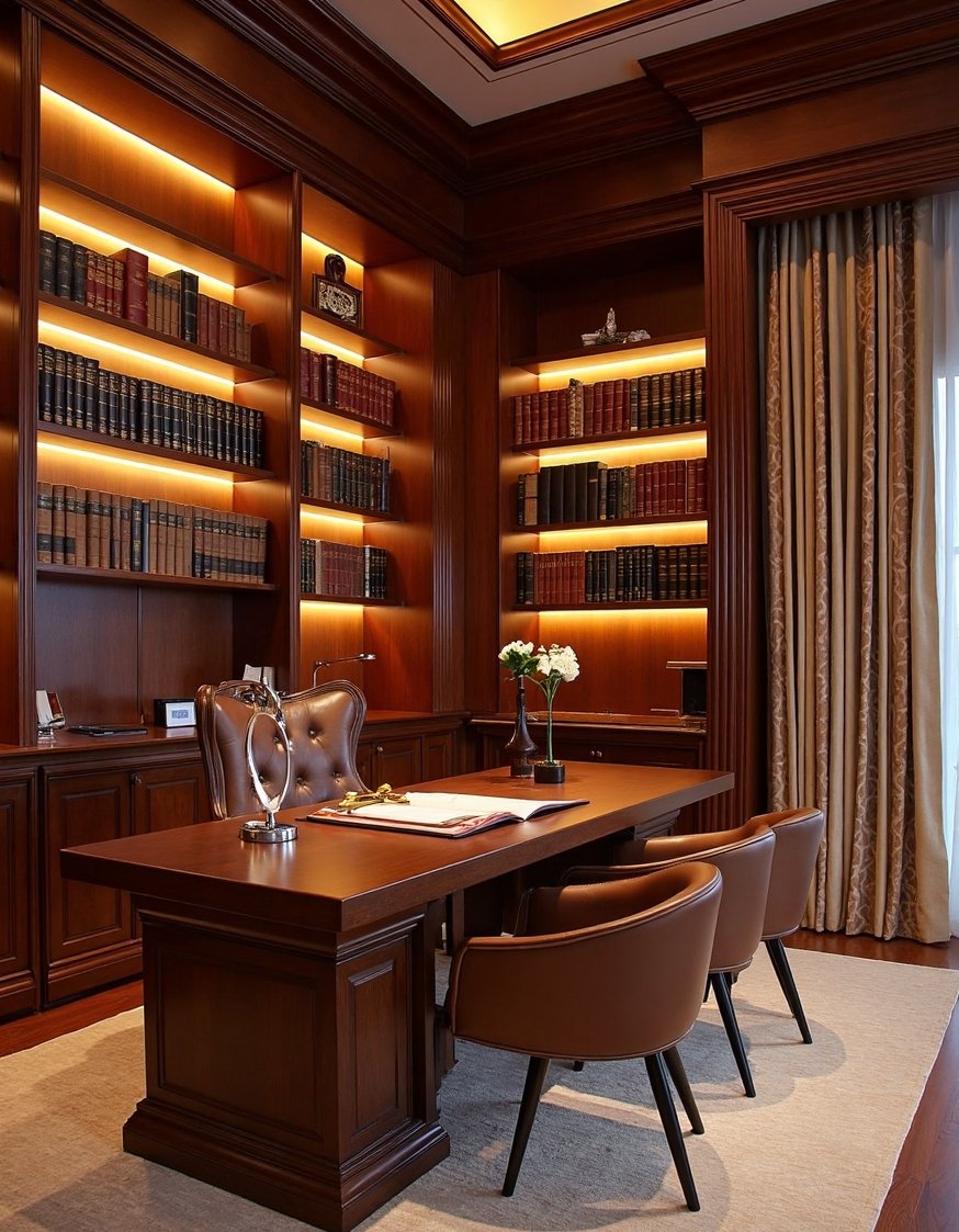 Luxury CEO Office Room - Luxury CEO Office: Classic Design & Book-Lined Walls - Luxury CEO office with a built-in library: rich...