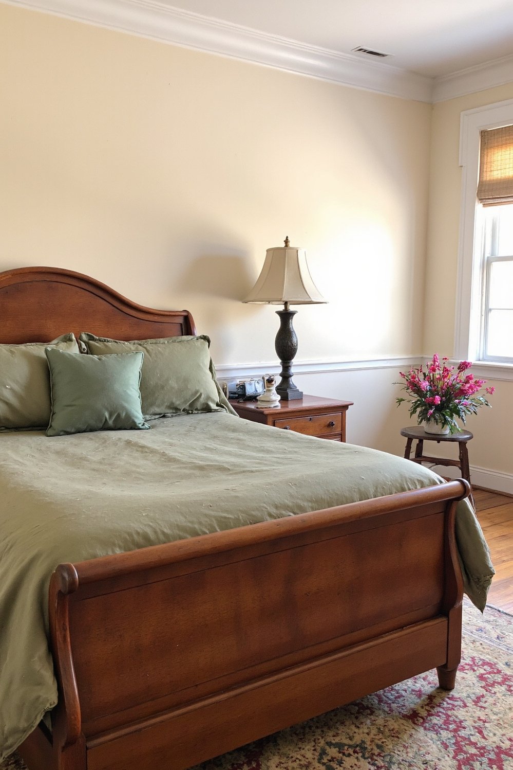 bedroom color combination ideas - Warm Mahogany & Sage Green Bedroom Color Palette - Warm and inviting, this bedroom design centers around...