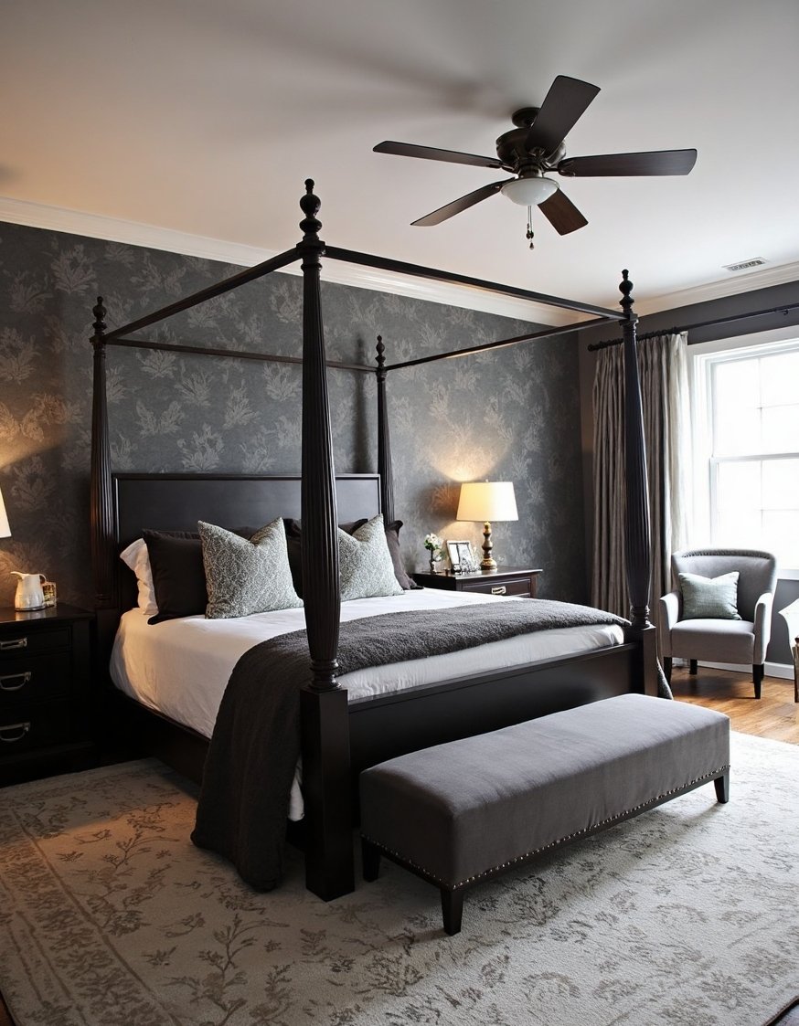 Charcoal Bedroom Ideas - Luxury Charcoal Master Bedroom: Damask & Dark Wood - Luxurious charcoal gray bedroom: This traditional master bedroom...