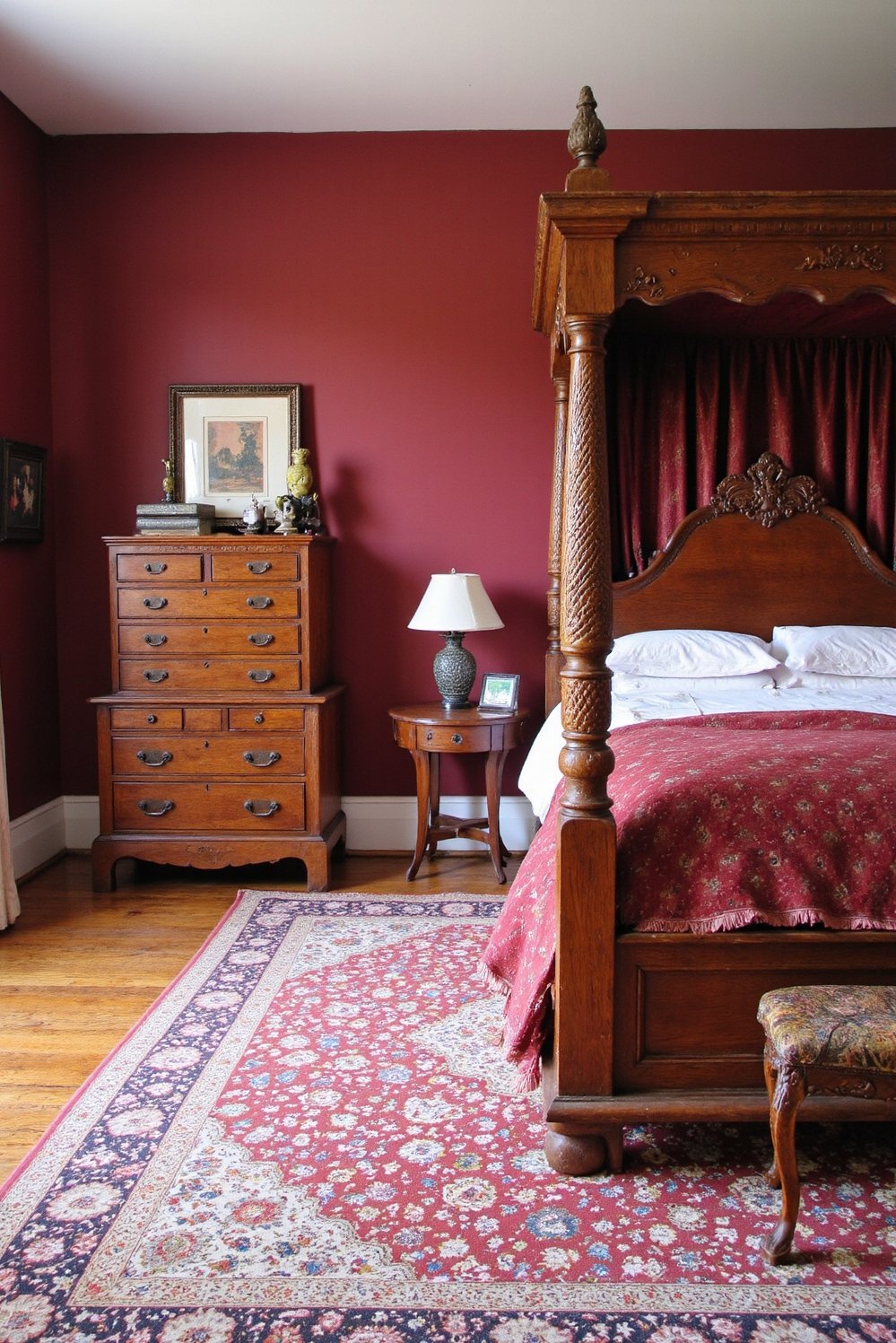 Cherry Bedroom Ideas - Rich Burgundy & Cherry Wood Bedroom Decor - Create a luxurious cherry bedroom. This traditional style...