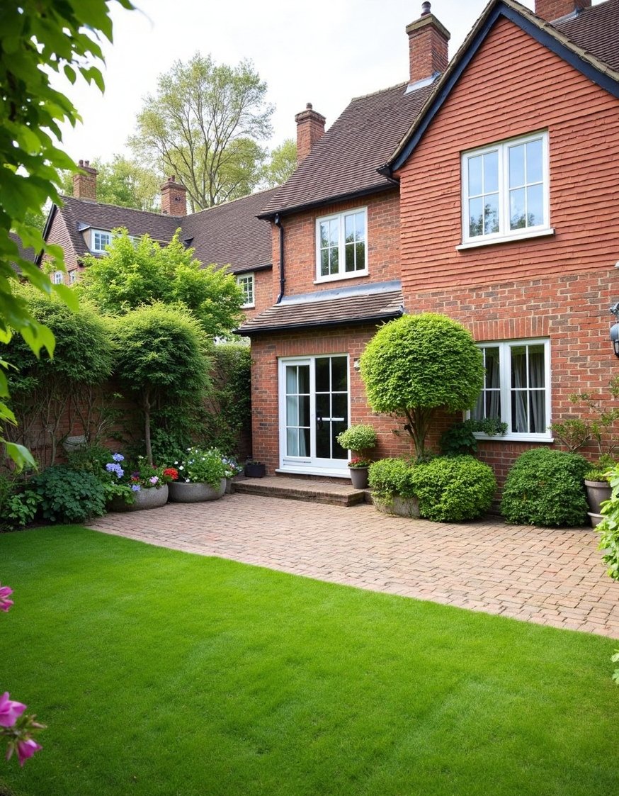 European Style Backyard - Elegant European Backyard with Brick Patio - Classic European backyard charm. A neatly manicured lawn...