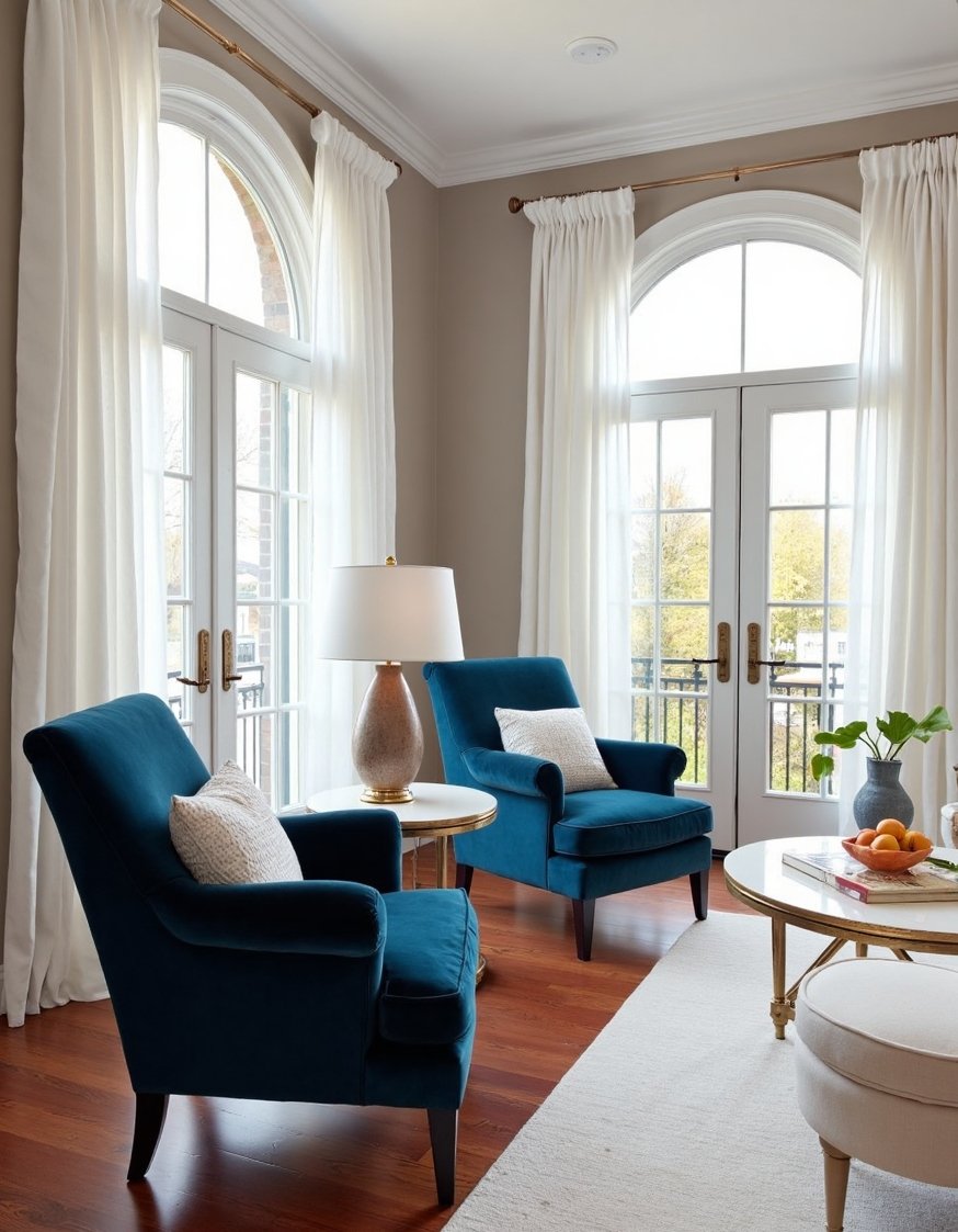 living room color combination ideas - Dove Gray & Mahogany Living Room Elegance - This muted living room is so calming! Soft...