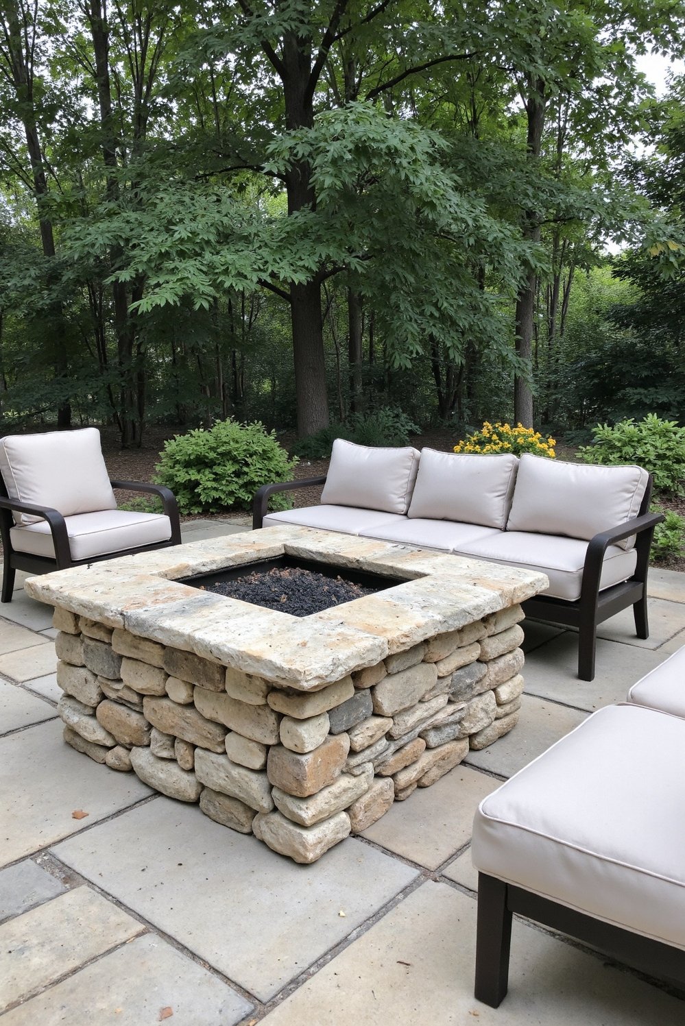 Fire pit patio ideas - Sophisticated Stacked Stone Fire Pit & Lounge Area - Sophisticated stacked stone fire pit: This square fire...