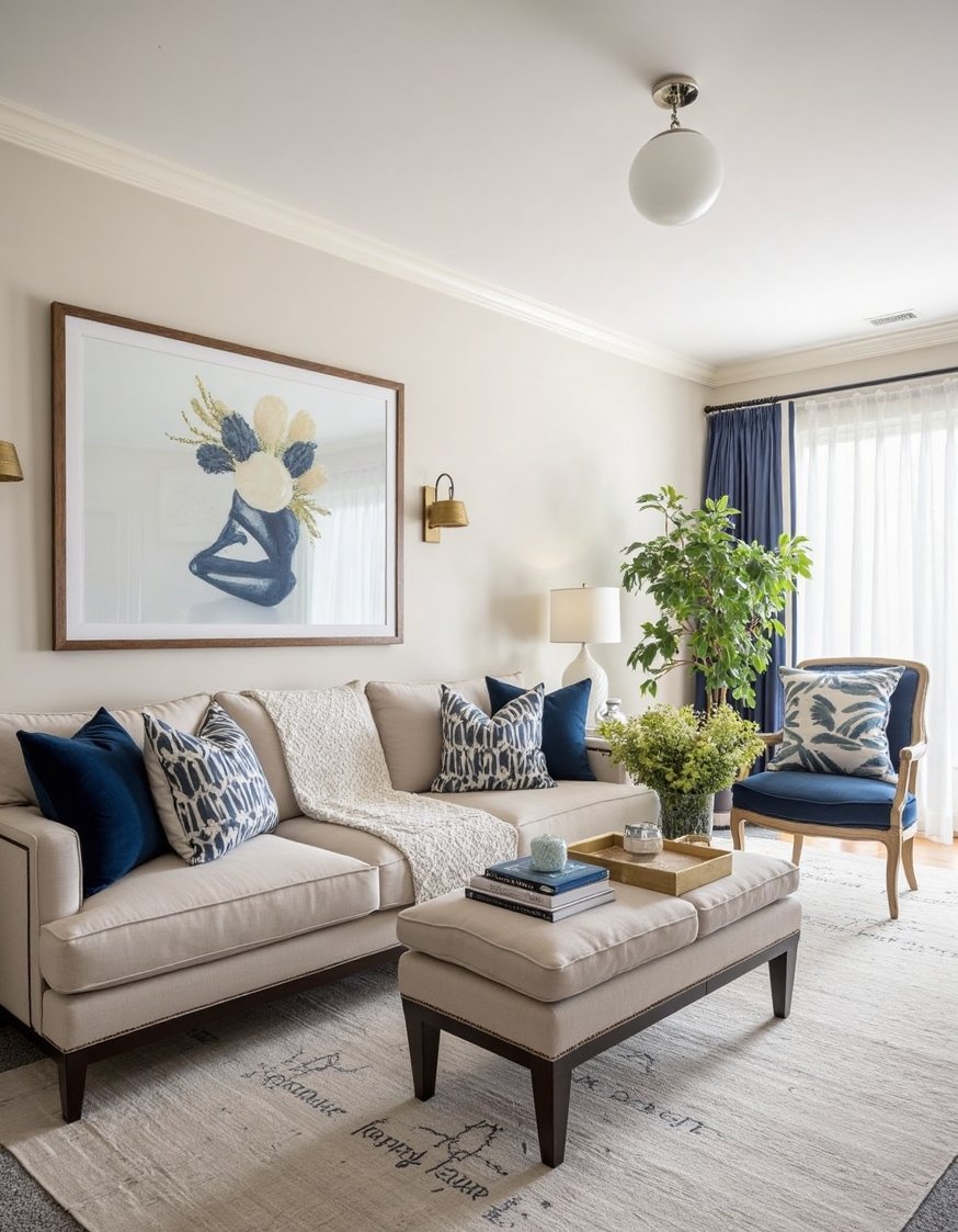 living room color combination ideas - Sophisticated Living Room: Navy, Gold & Neutral Palette - Living room color ideas for 2025? Try a...