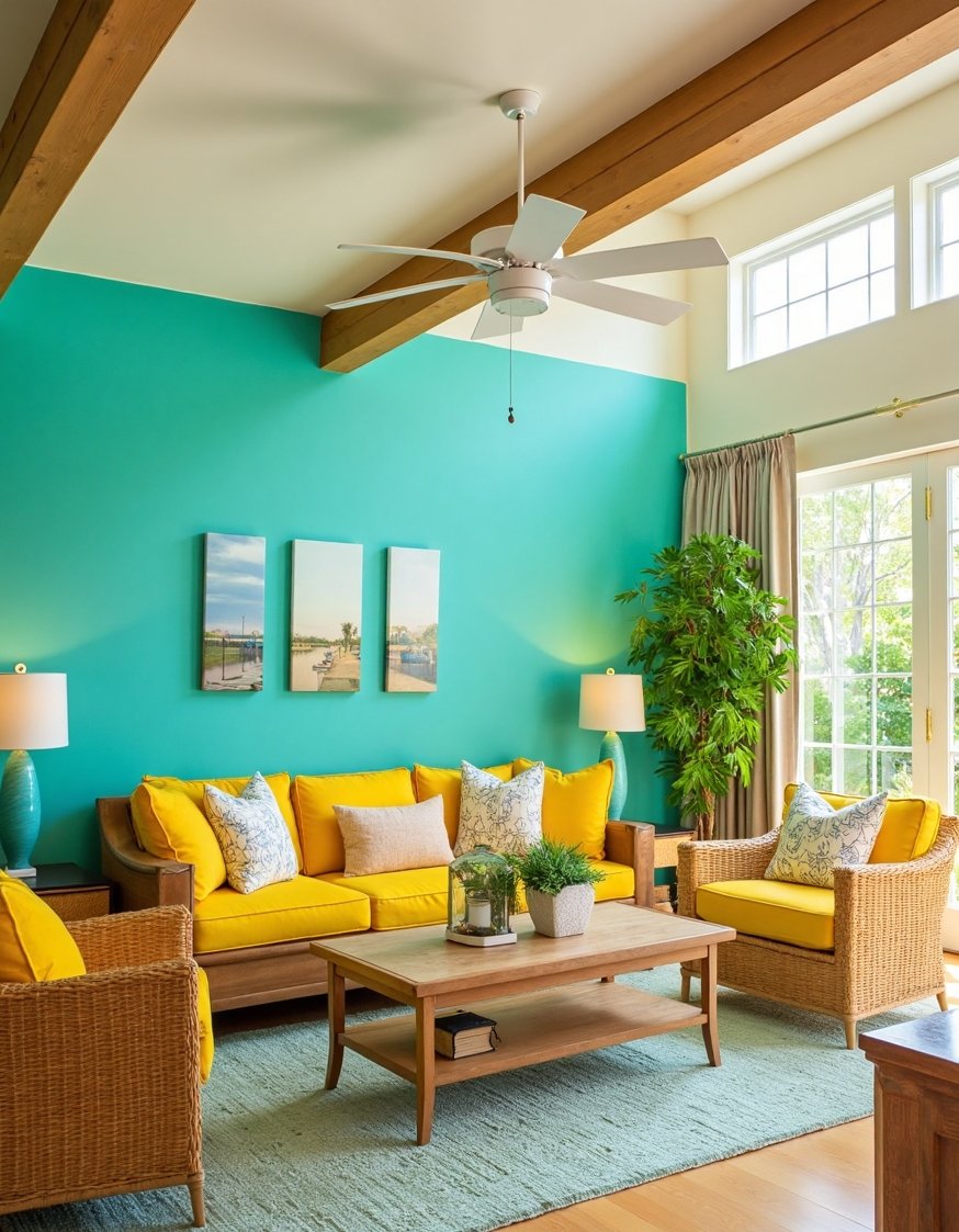 living room color combination ideas - Tropical Living Room: Turquoise, Yellow & Wicker - Bright turquoise living room walls? Yes! I love...