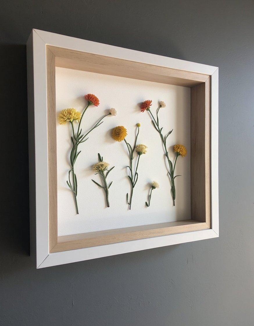 flower wall art ideas - Pressed Flower Artwork in Minimalist Shadowbox Frame - Pressed flower art creates a unique wall display....