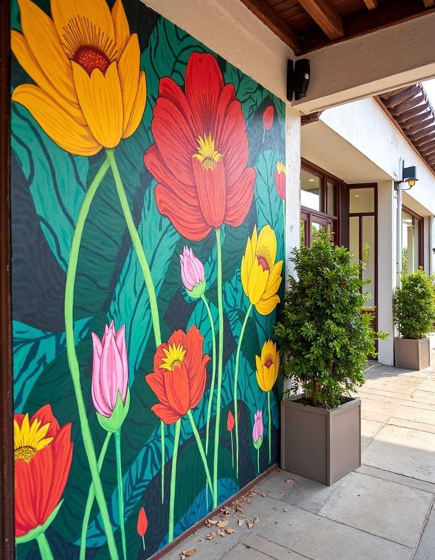 flower wall art ideas - Vibrant Tropical Flower Mural for Cafe Walls - Bright tropical flowers and lush greenery make this...