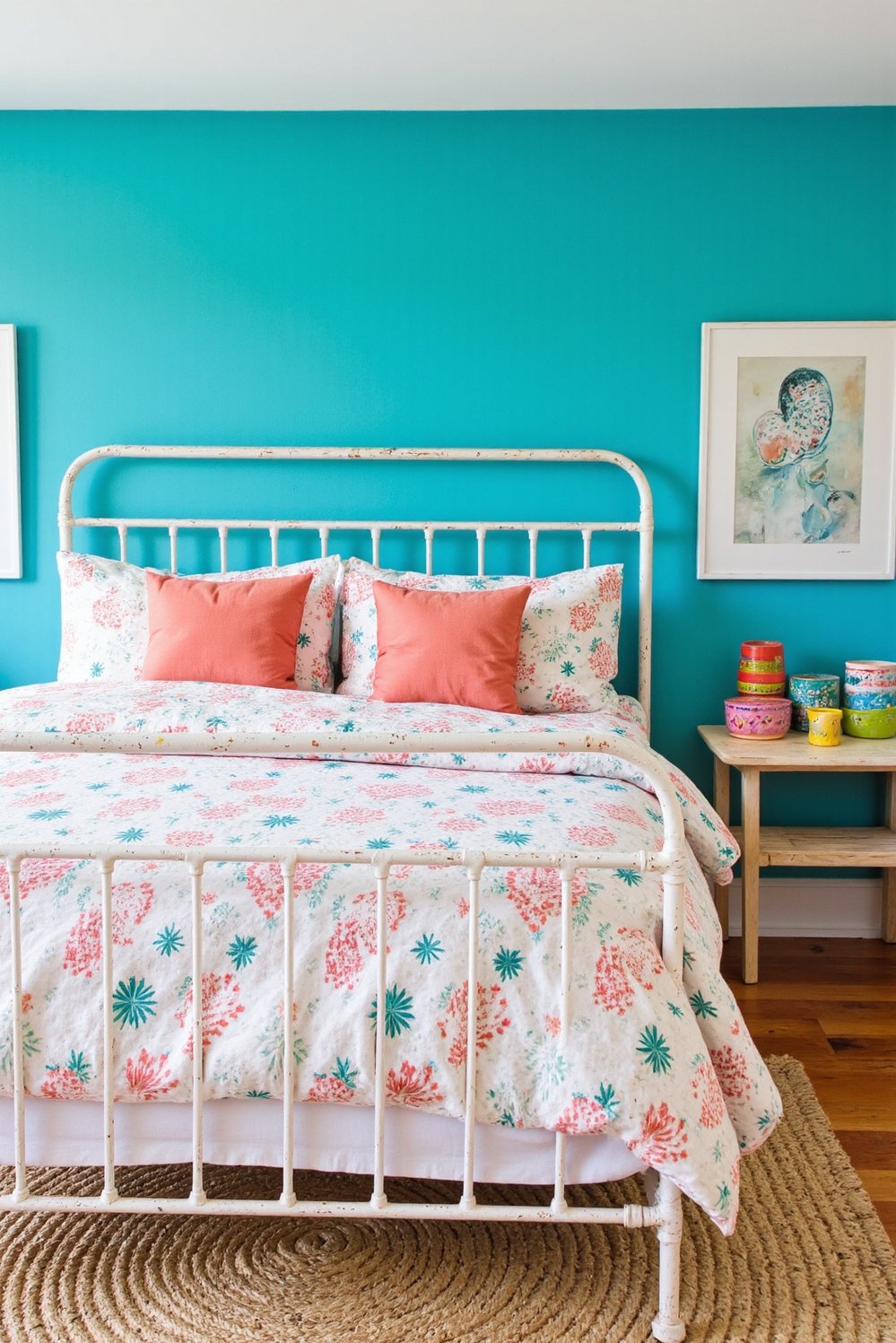 coastal cottage bedroom ideas - Turquoise Accent Wall Coastal Bedroom Decor - Create a lively coastal bedroom with a turquoise...