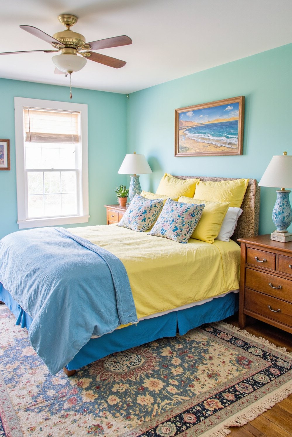 coastal cottage bedroom ideas - Vibrant Beach House Bedroom: Bold Coastal Decor - Brighten up your space with this cheerful coastal...