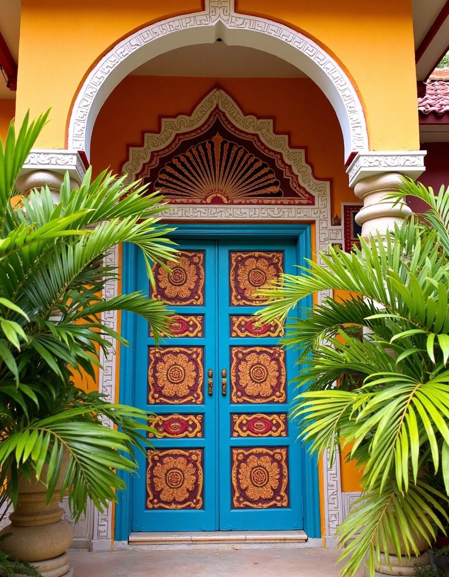 luxury houses entrance - Vibrant Indian House Entrance with Carved Stone - Luxury Indian home entrance: Vibrant colors and intricate...