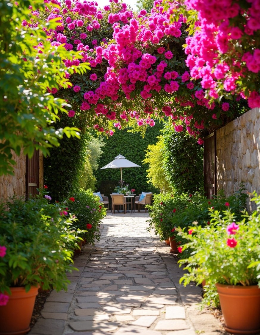 European Style Backyard - Mediterranean Garden Design: Outdoor Dining & Herbs - European backyard design: a vibrant Mediterranean garden. Bougainvillea,...
