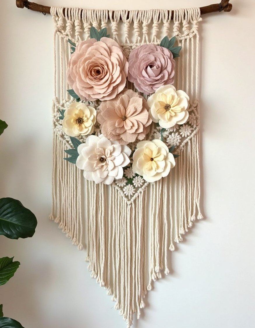 flower wall art ideas - Bohemian Paper Flower Wall Art: Macrame & Natural Tones - Bohemian wall art: Create a dreamy space with...