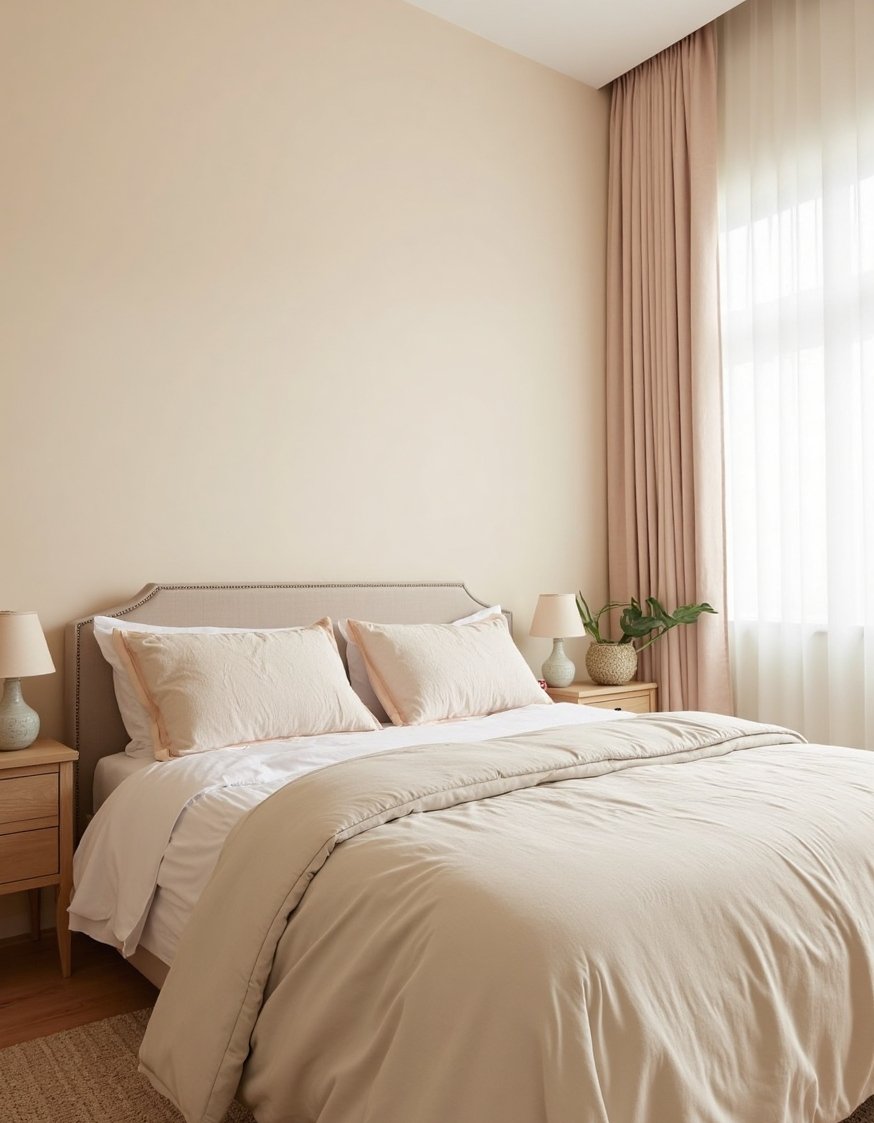 warm bedroom colors ideas - Warm Bedroom: Light Beige & Pastel Bedding - Cozy bedroom ideas for small spaces! I love...