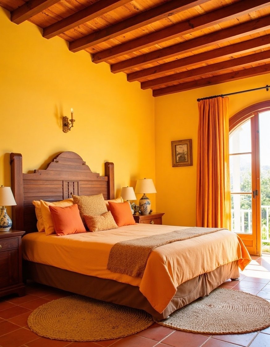 warm bedroom colors ideas - Sunny Yellow & Terracotta Mediterranean Bedroom - Bring the warmth of the Mediterranean into your...