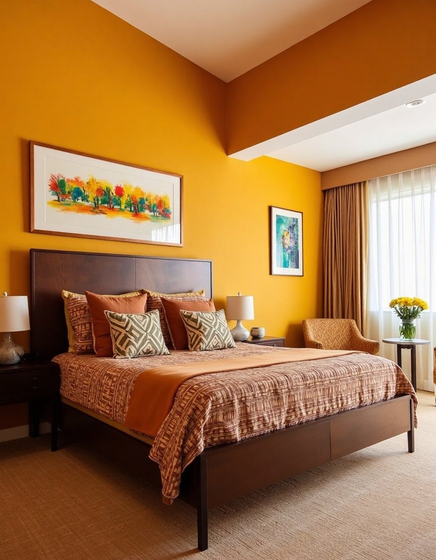 warm bedroom colors ideas - Warm Mustard Yellow Bedroom: Mid-Century Modern Style - Cozy bedroom ideas? This mid-century modern bedroom is...