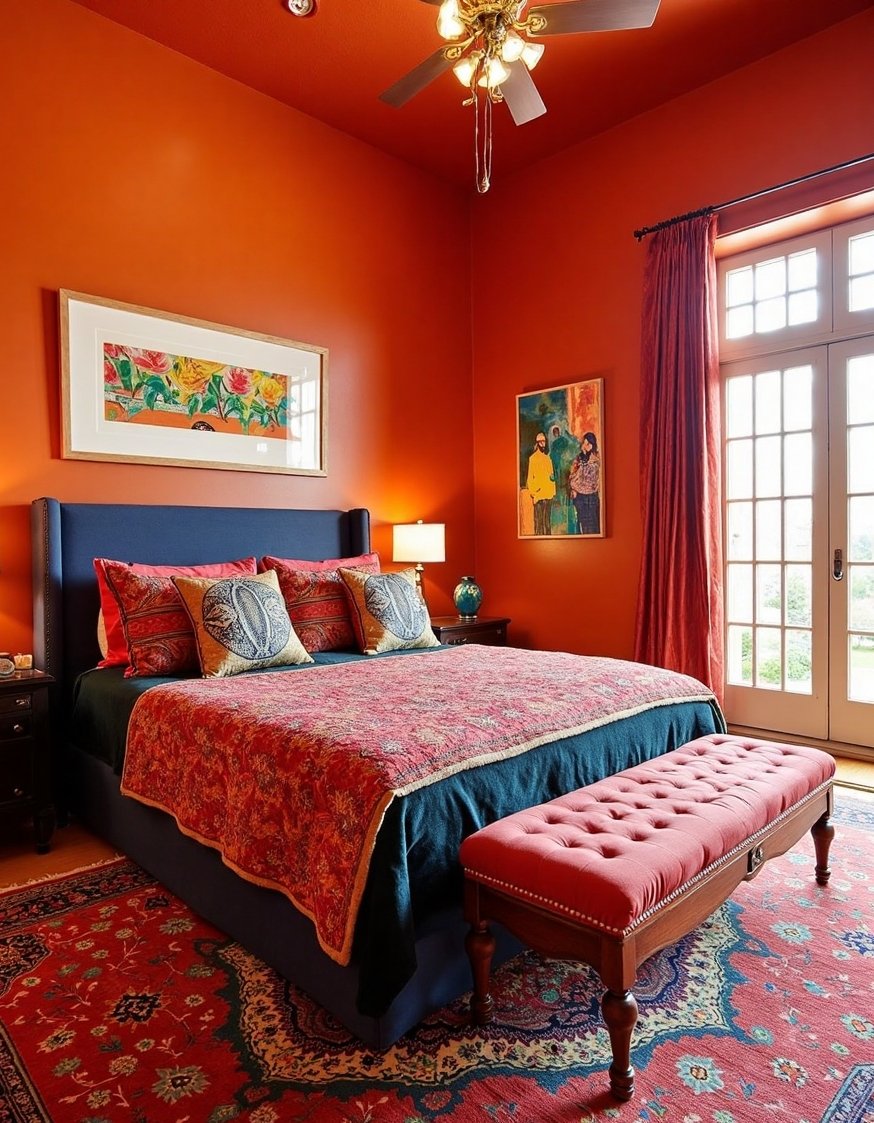 warm bedroom colors ideas - Warm Terracotta & Jewel Tone Bohemian Bedroom - Warm terracotta walls create a vibrant bohemian bedroom....