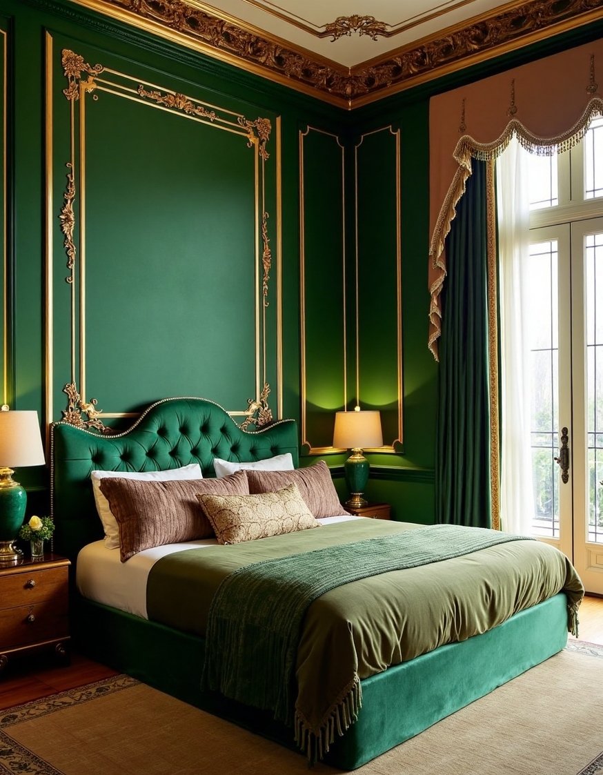 warm bedroom colors ideas - Deep Emerald Green Bedroom: Hollywood Regency Style - Looking for glamorous bedroom ideas? This Hollywood Regency-style...