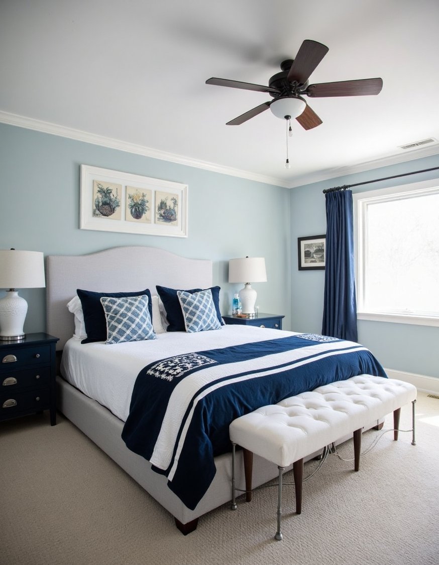 warm bedroom colors ideas - Calming Blue-Grey and Navy Master Bedroom - Create a serene nautical bedroom. Soft blue-grey walls...