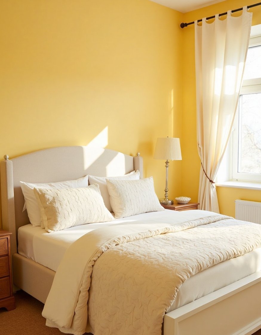 warm bedroom colors ideas - Sunny Yellow & Cream: Warm Bedroom Color Palette - Brighten your bedroom with pale yellow walls! This...