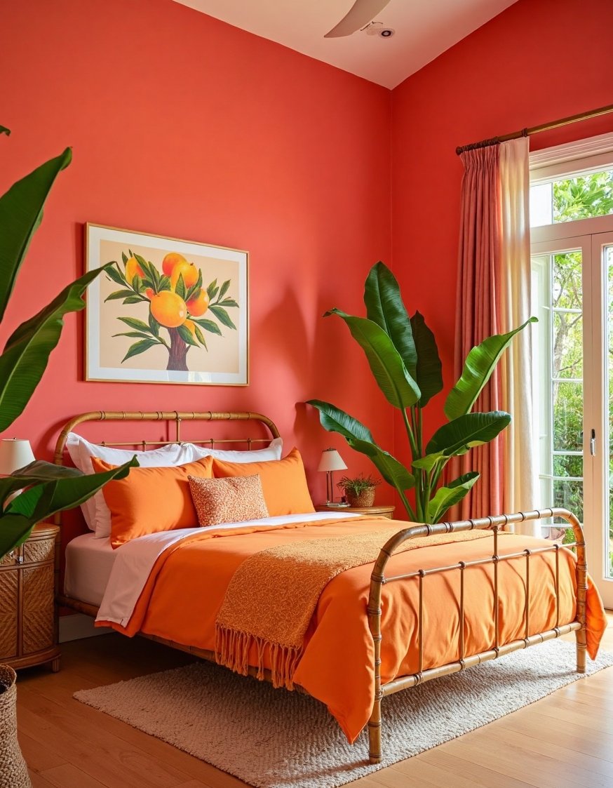 warm bedroom colors ideas - Vibrant Coral & Citrus Tropical Bedroom - Bring the tropics into your bedroom with vibrant...