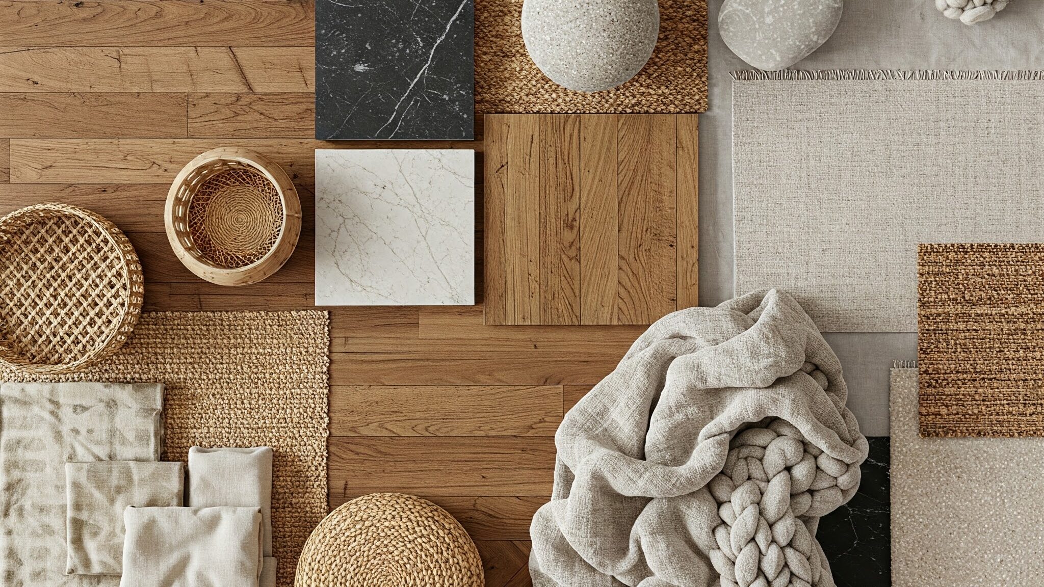 wood rattan fibers and stones