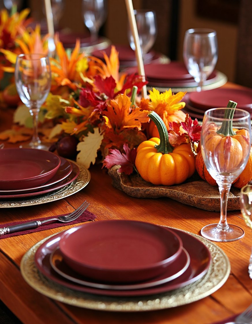 Dinner party tablescape - Autumnal Dinner Party Table: Burgundy, Orange, and Gold - Autumn dinner party table setting. Burgundy, orange, and...